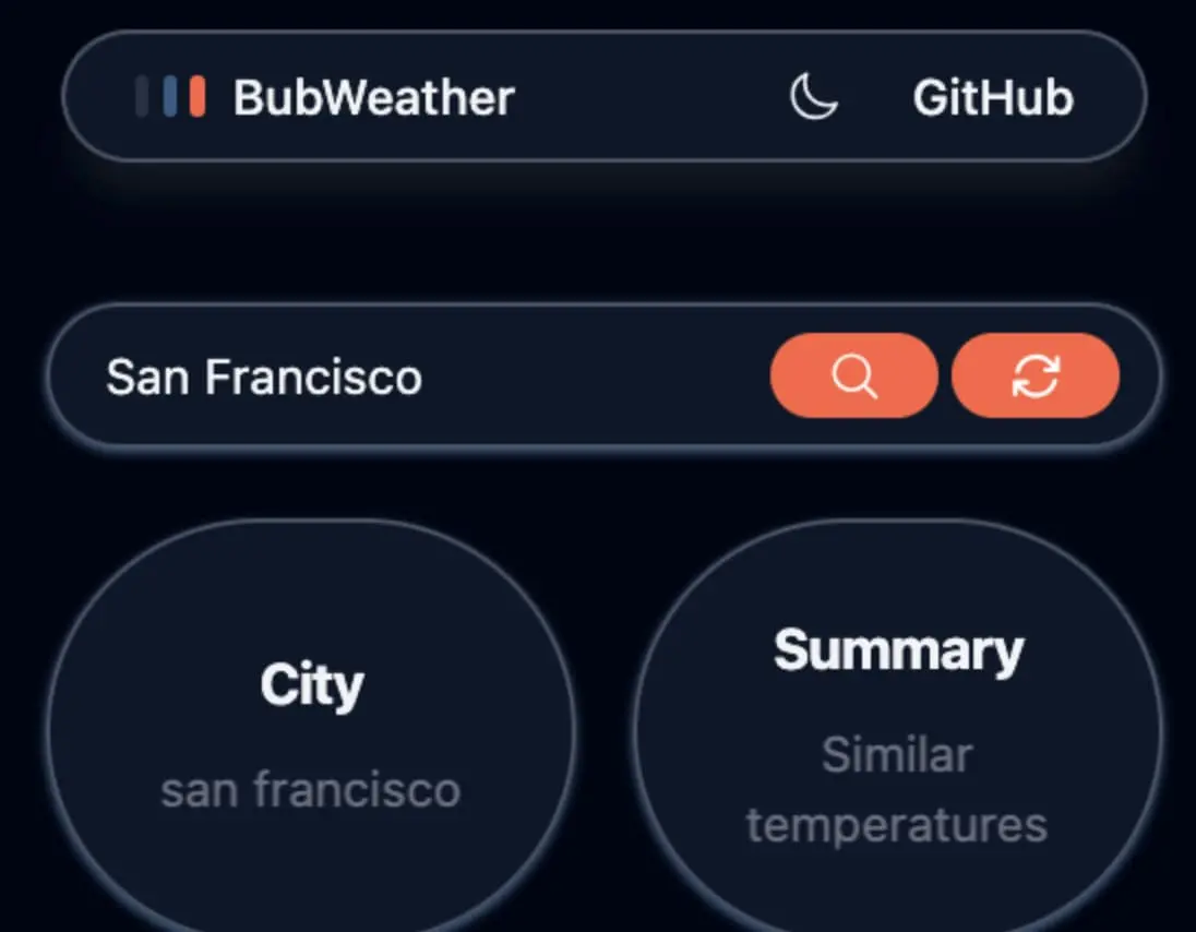 Screenshot of bubweather web app