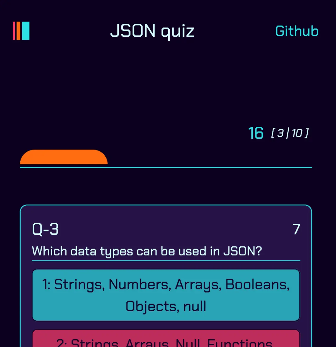 Screenshot of JSON quiz web app